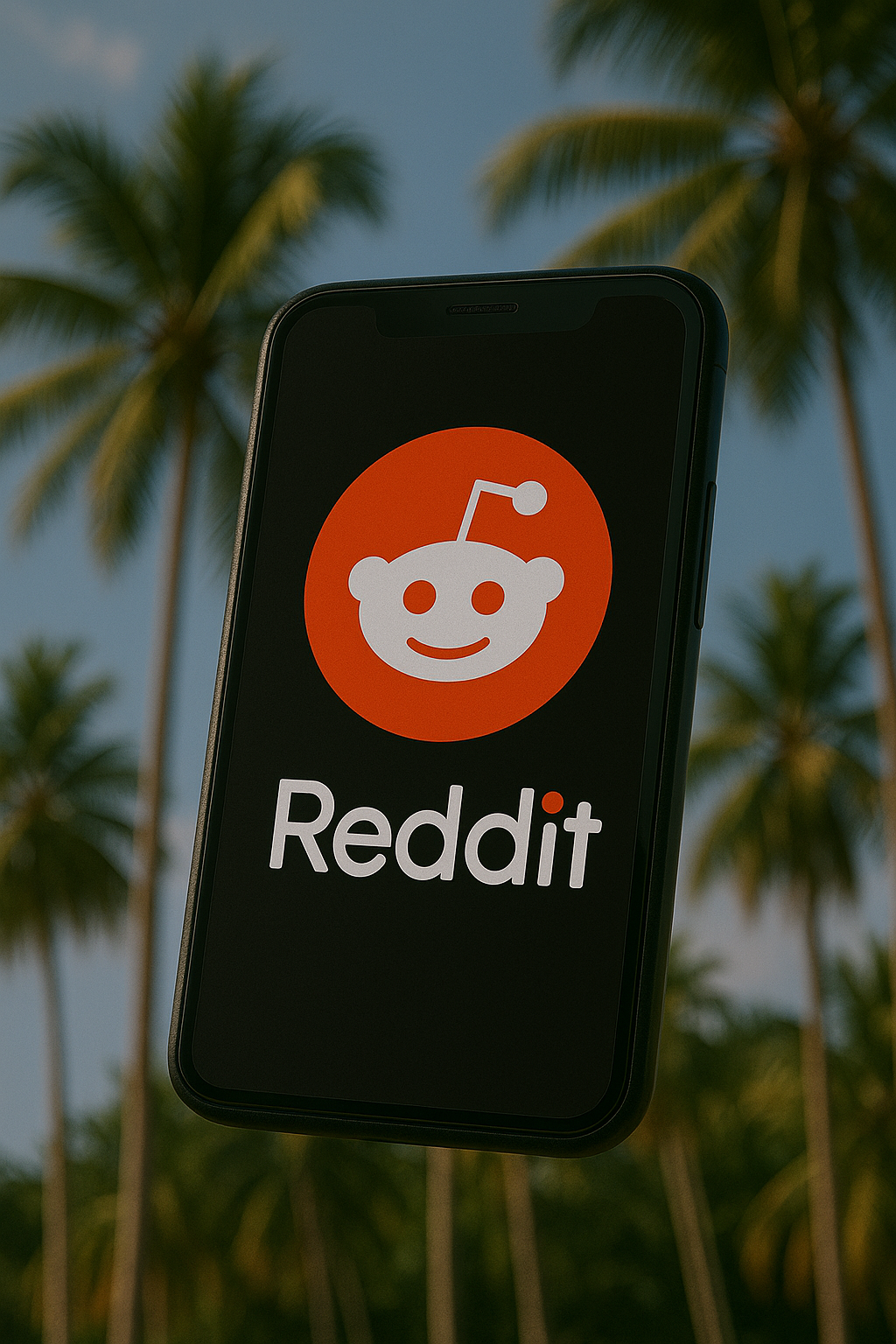 A phone displaying the Reddit logo, with a background of palm trees.