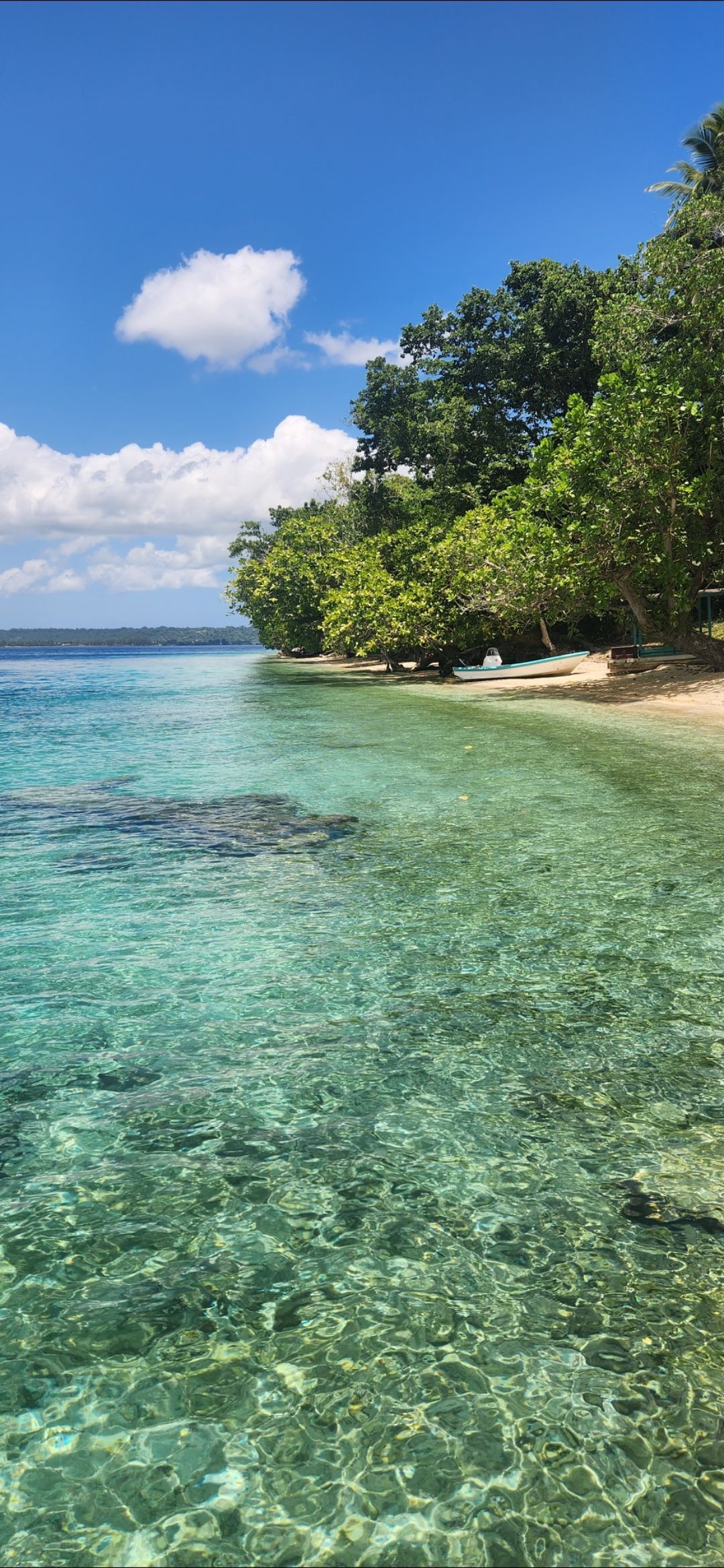 A view of the ocean from a beach on a sunny day.