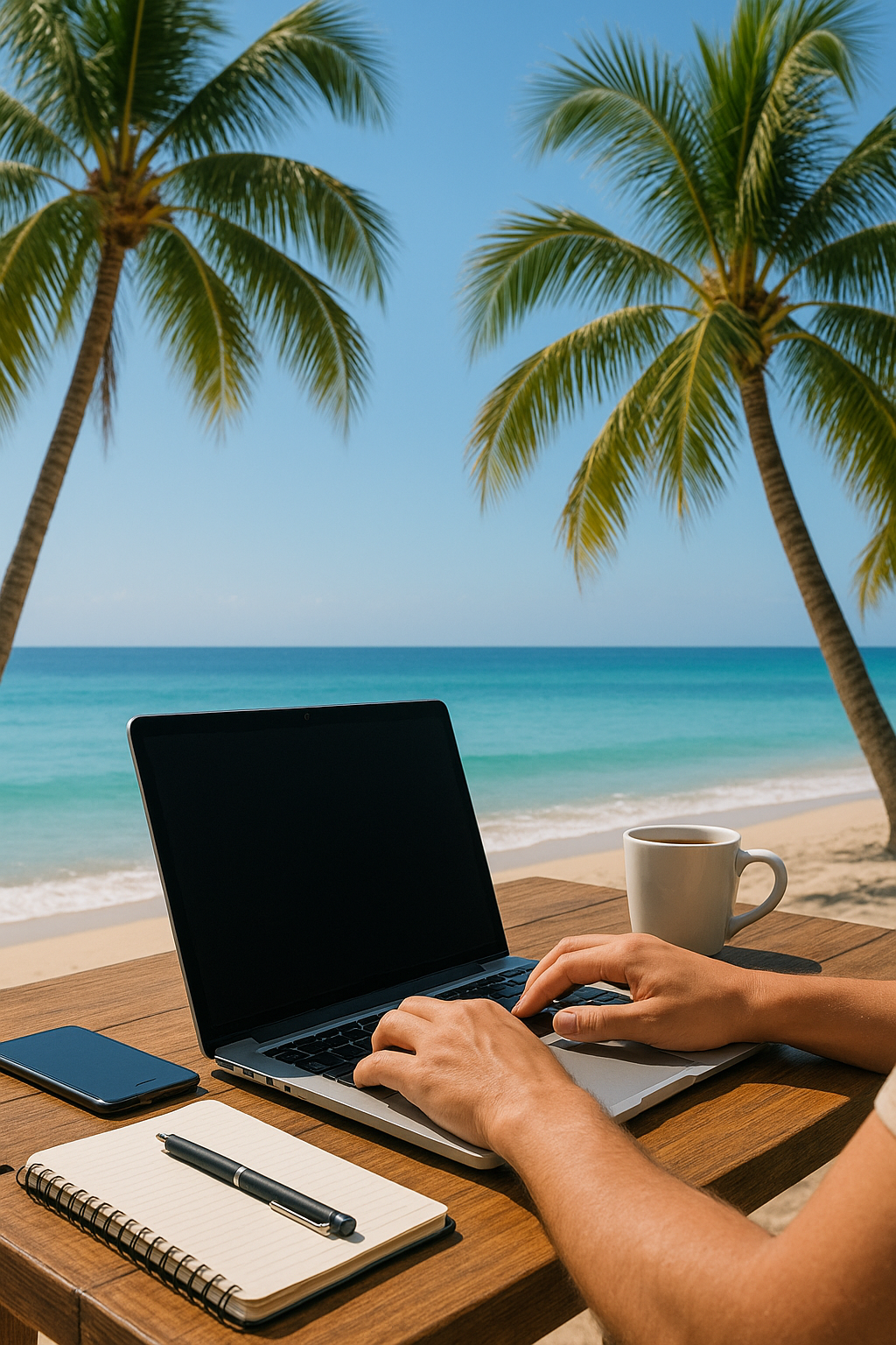 Person working on laptop at beach with ocean, palm trees, and coffee in Vanuatu