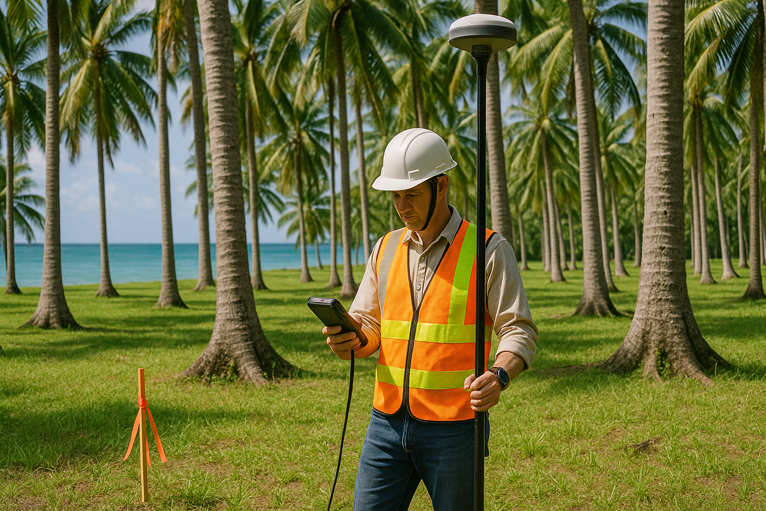 Surveyor in safety vest using GPS equipment among palm trees near the ocean.