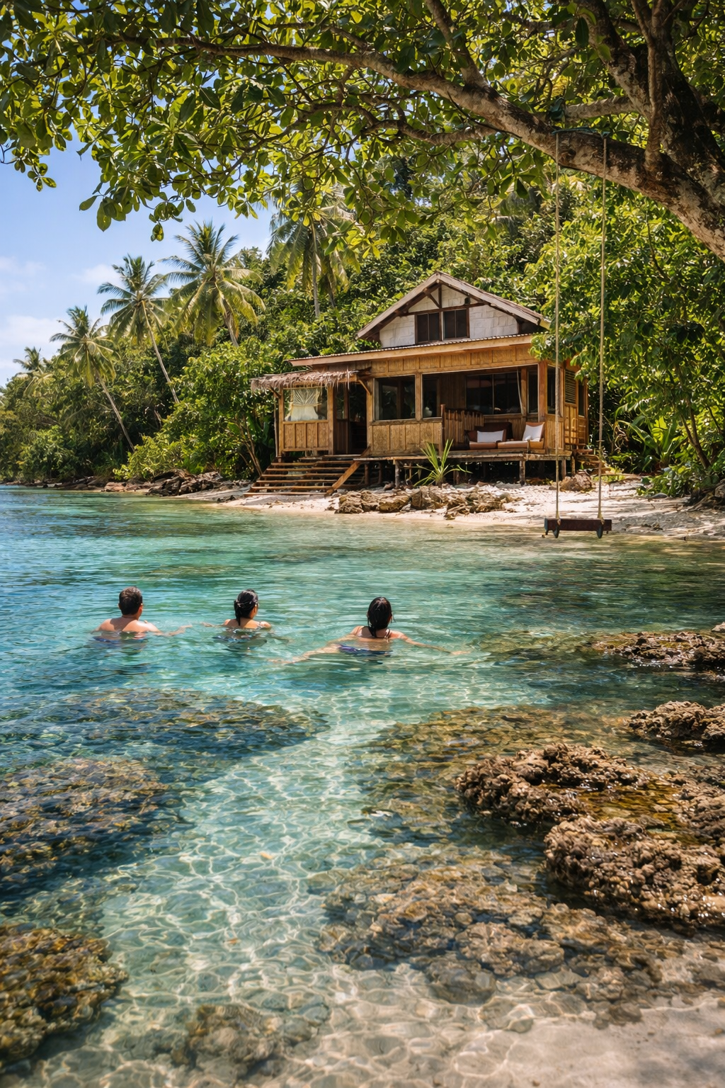 Group of people discussing maps outdoors, in front of huts, surrounded by trees.