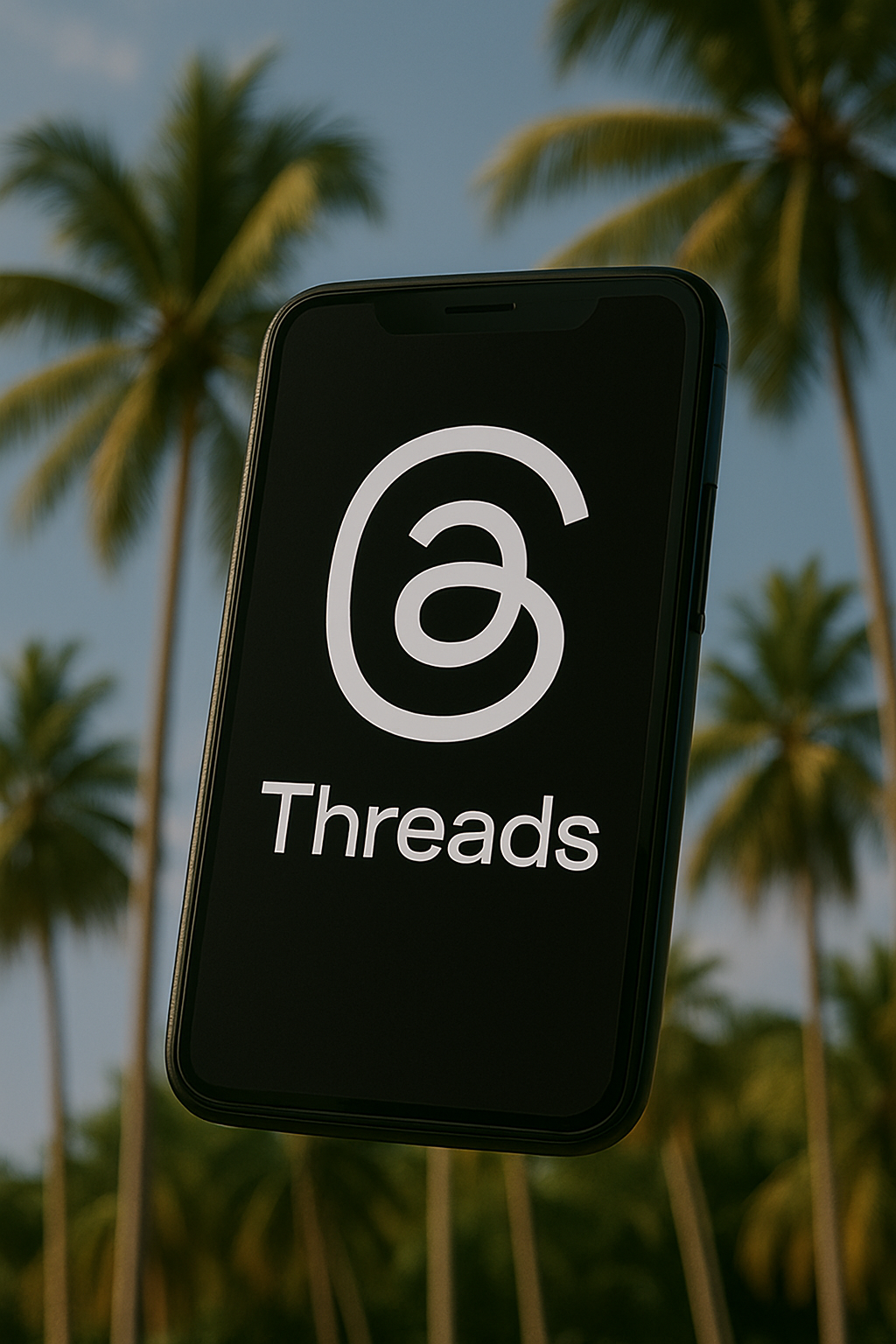 Black phone displaying Threads logo against a tropical palm tree background.