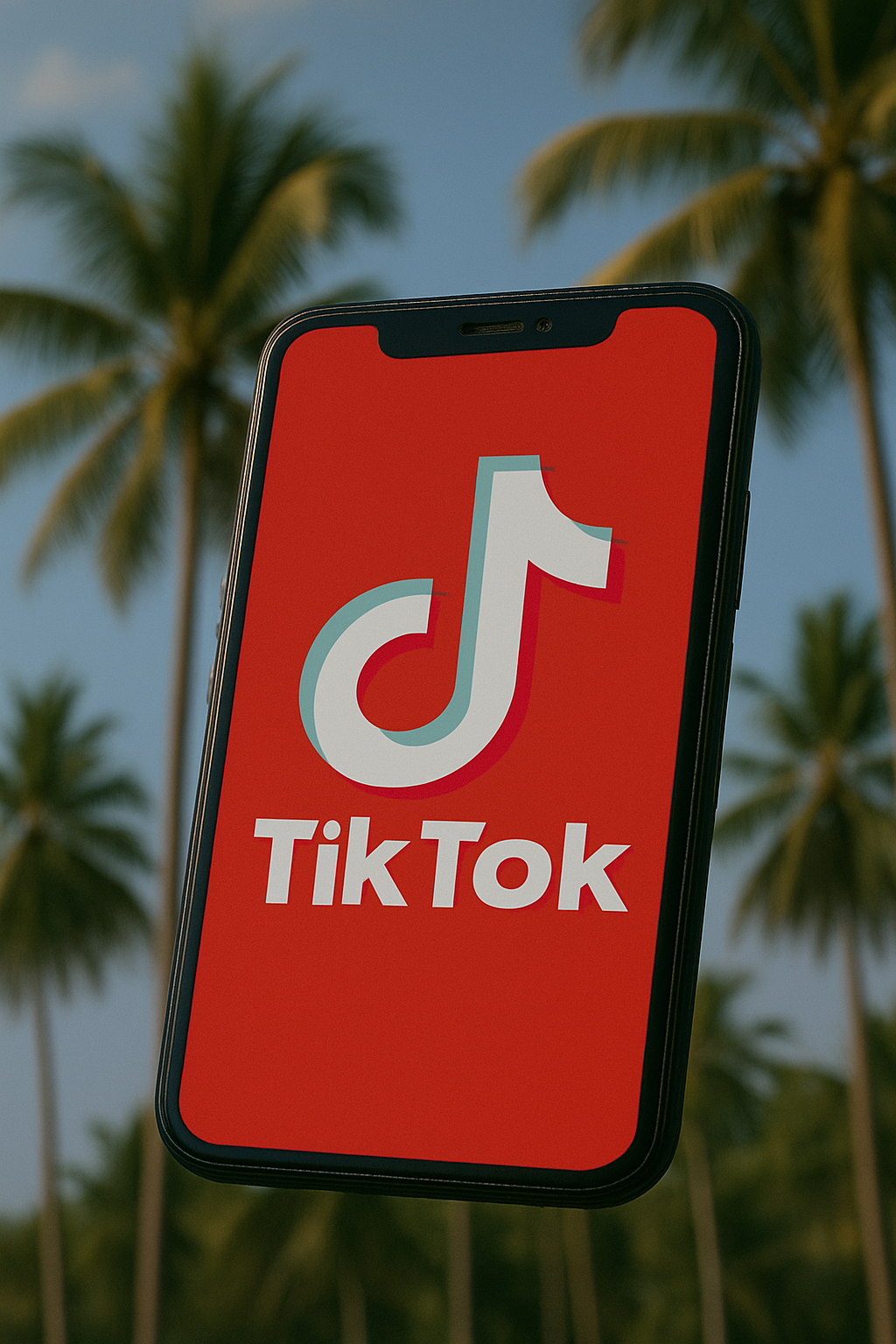 TikTok app on a phone, with palm trees in the background.