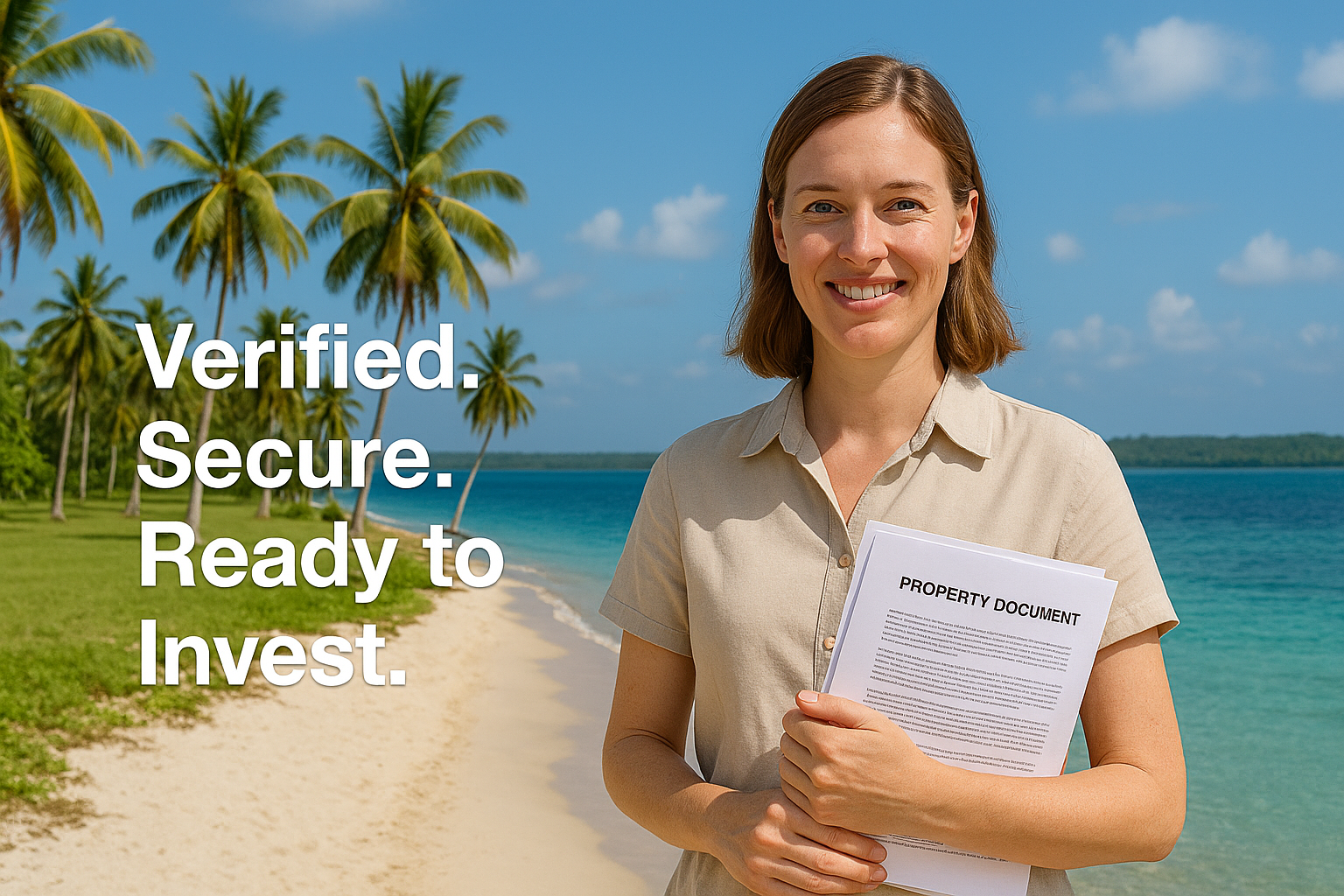 Woman on beach holding document, smiling.