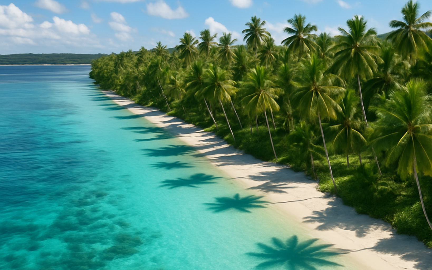 Blue water on a white sandy beach with palm trees in Vanuatu