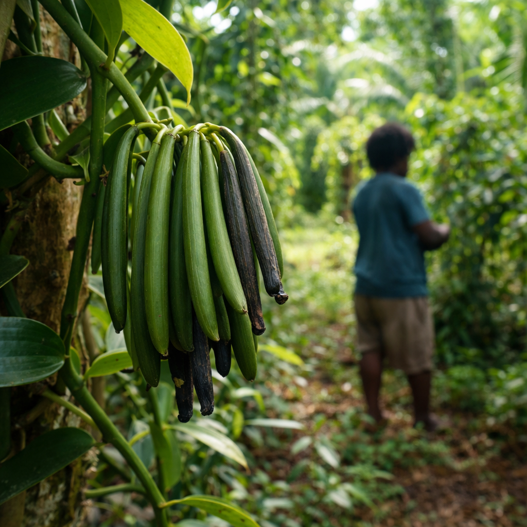 Two black vanilla sticks on a white cloth