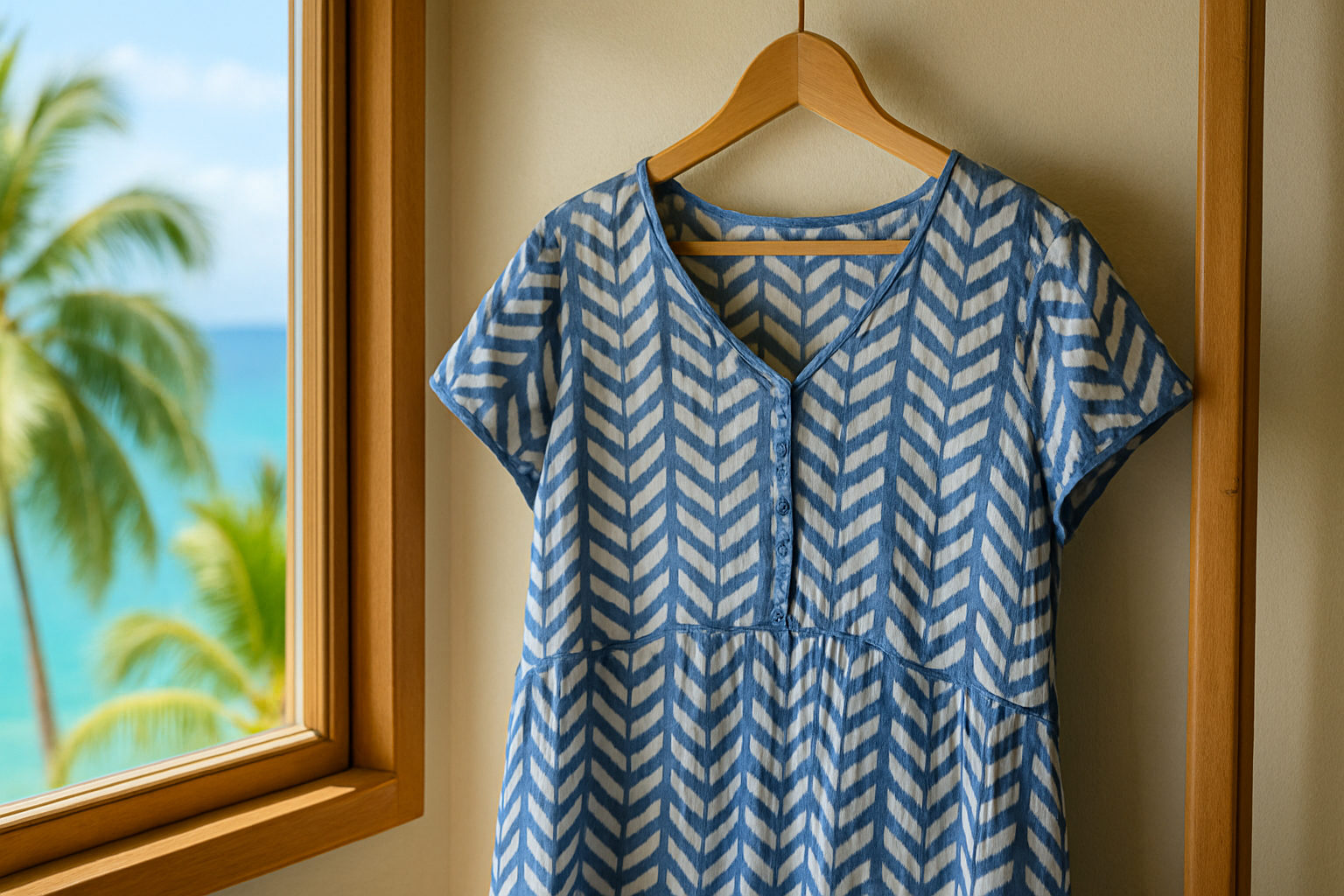 Blue and white patterned dress hanging on a wooden hanger in front of a window with a beach view Aore Real Estate uniform.