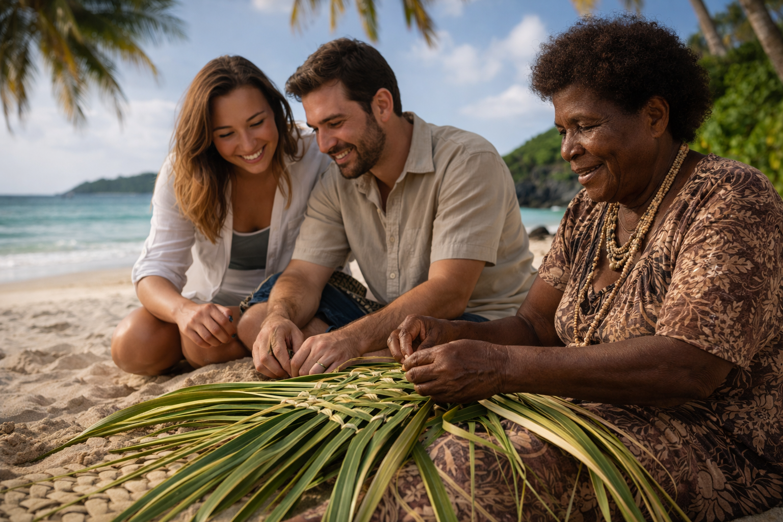 Wite lady and man watching a NI Vanuatu woman weave with coconut frond