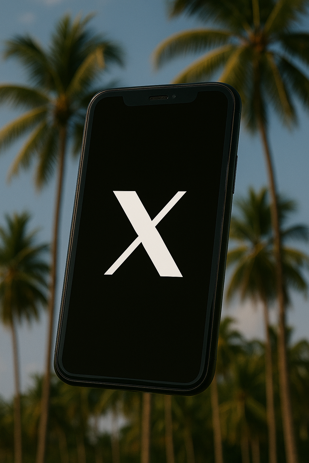 Black smartphone with the letter X against a blurred palm tree background.