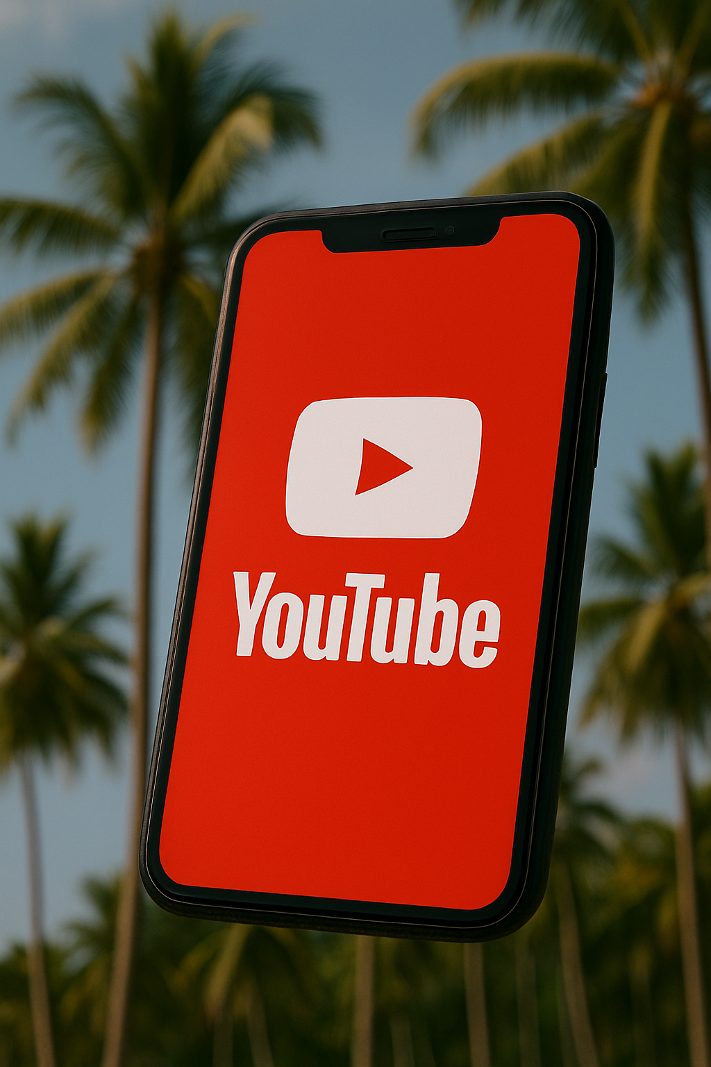 Smartphone displaying the YouTube logo, with palm trees in the background.