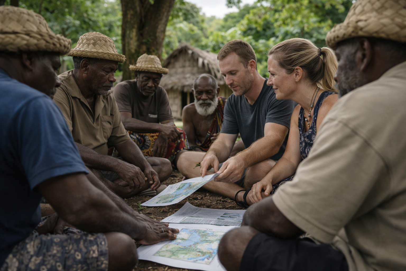 Group of people discussing maps outdoors, in front of huts, surrounded by trees.