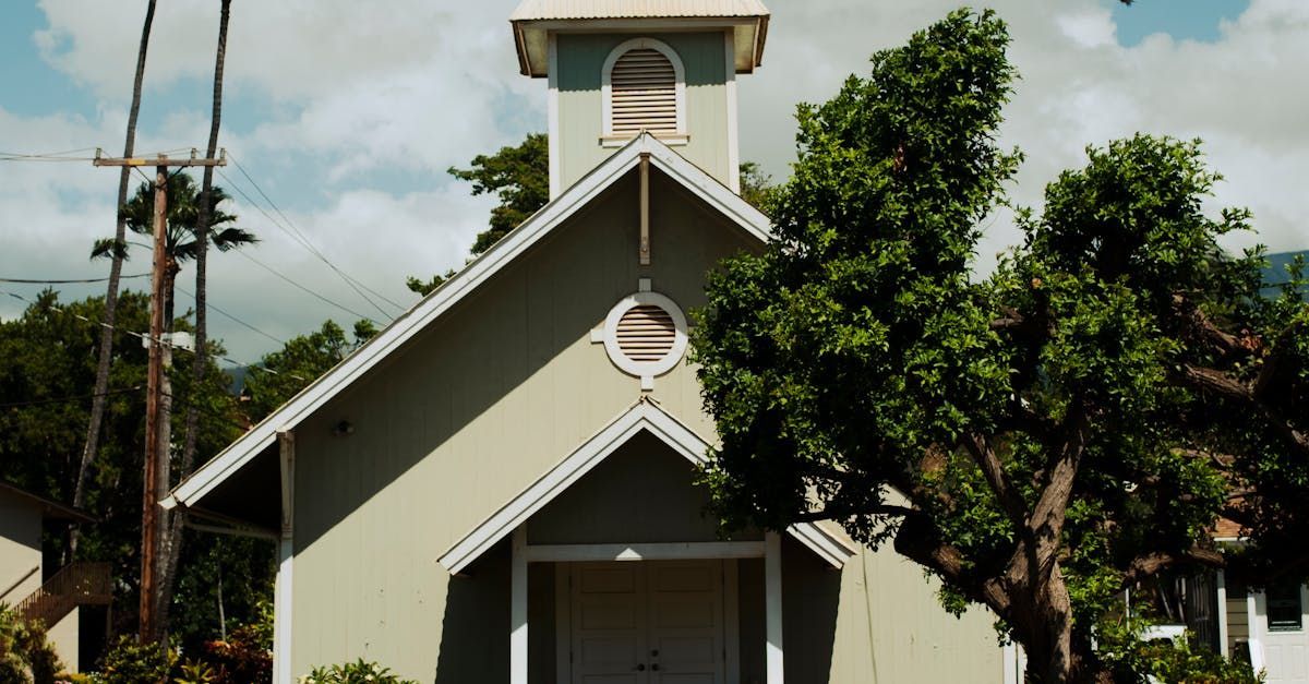 A small church with a bell tower is surrounded by trees.