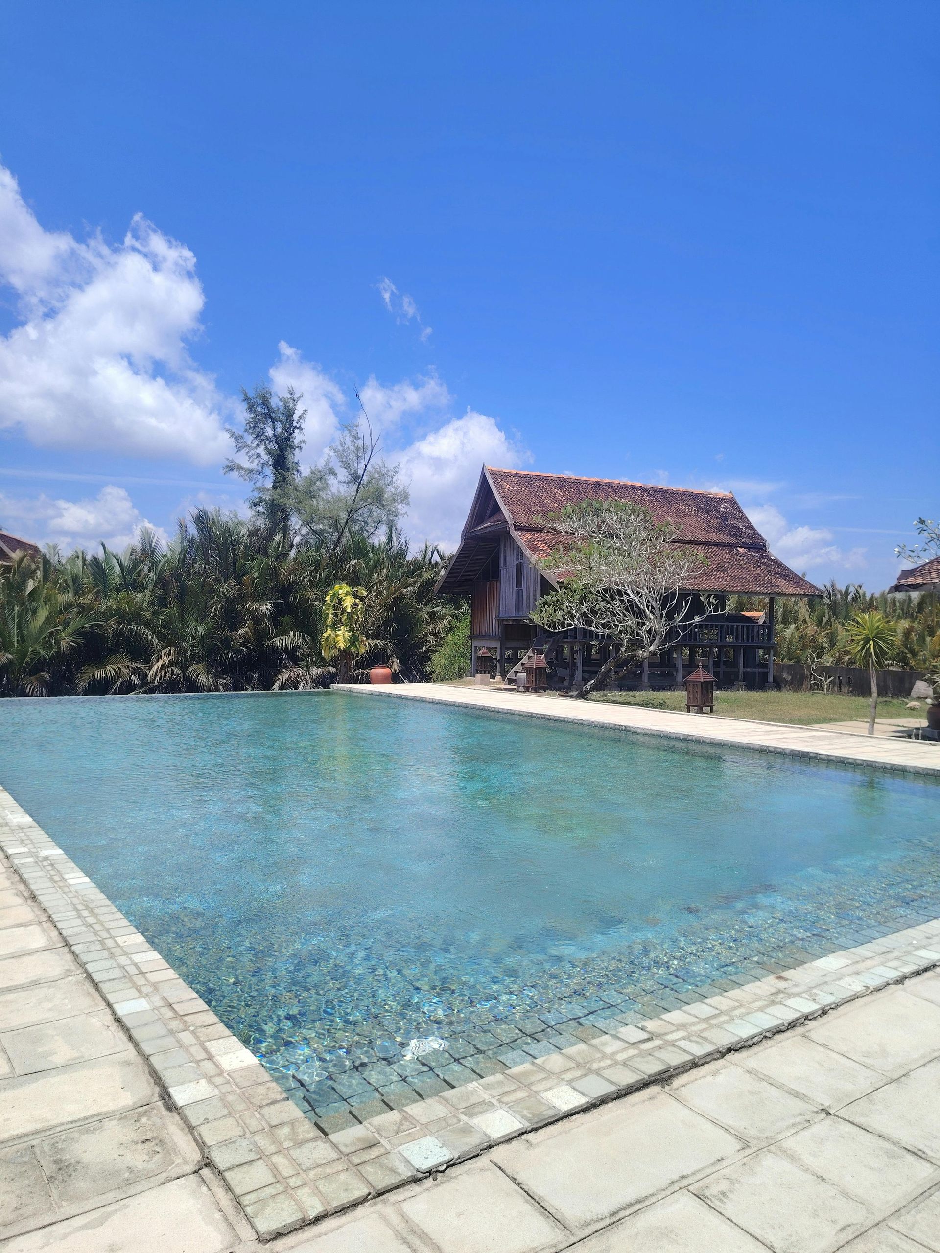 Swimming pool in front of a small wooden building under a blue sky, Vanuatu