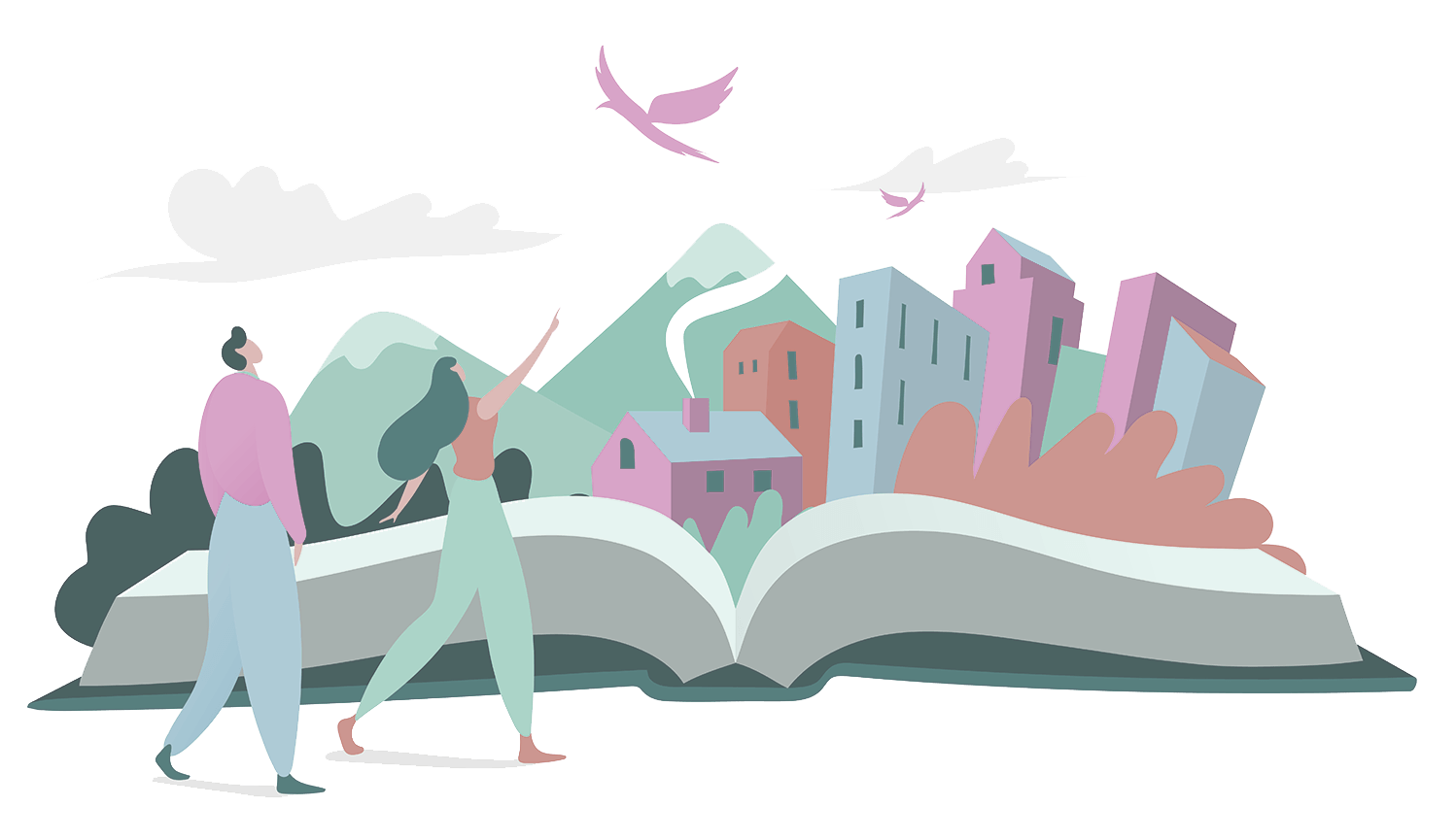 aufgeschlagenes Buch mit Illustration einer Landschaft