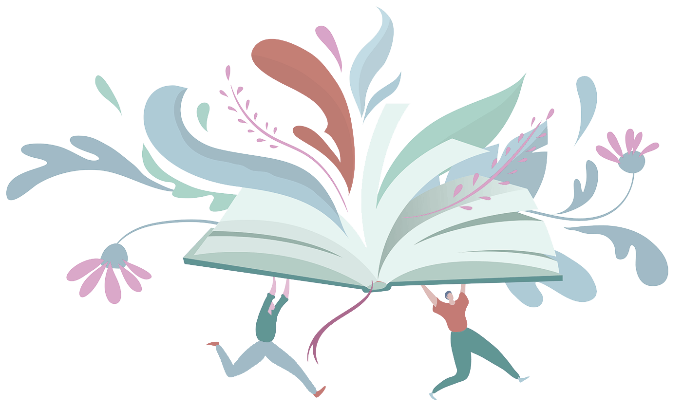 Illustration offenes Buch mit glücklichen Personen