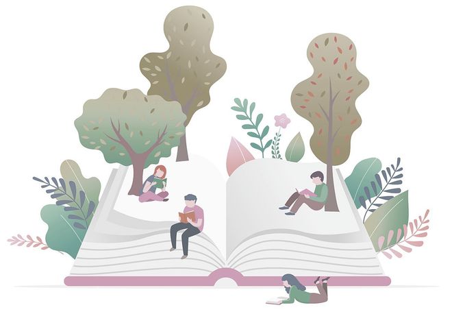 lesende personen auf einem Buch illustration