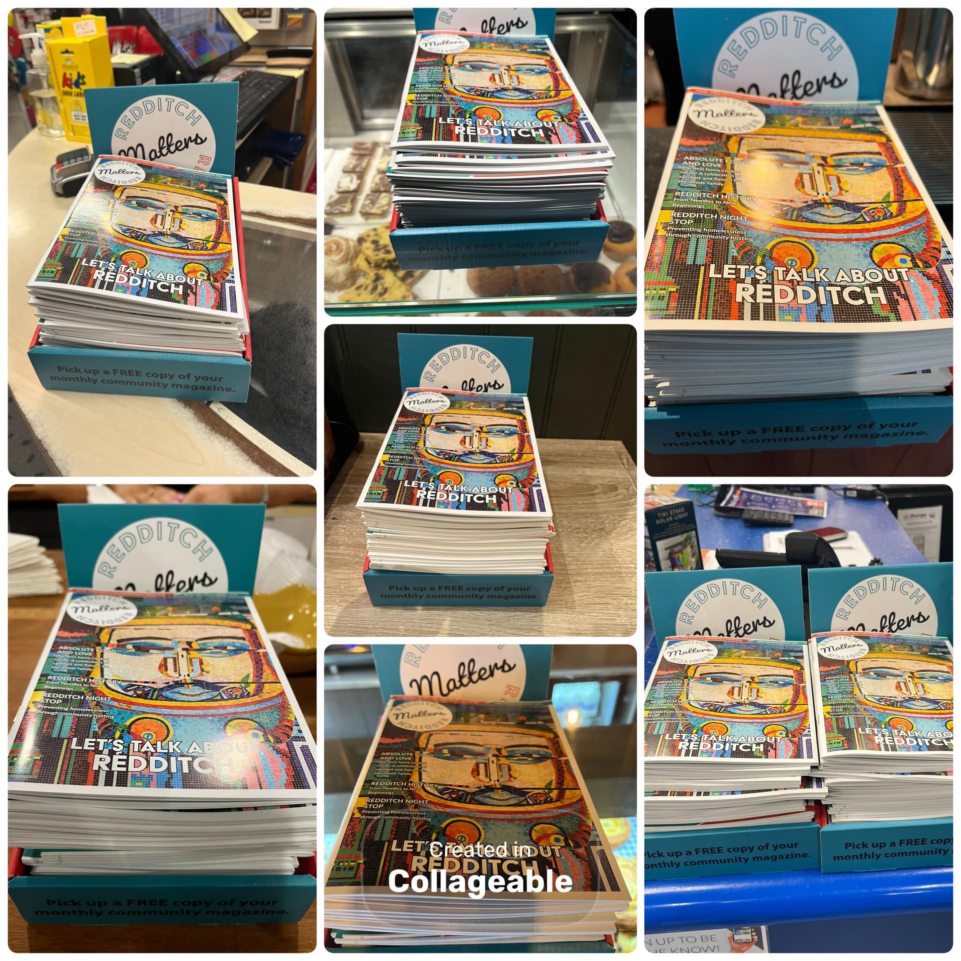 A collage showing Redditch Matters Magazine at various pick-up locations around Redditch.