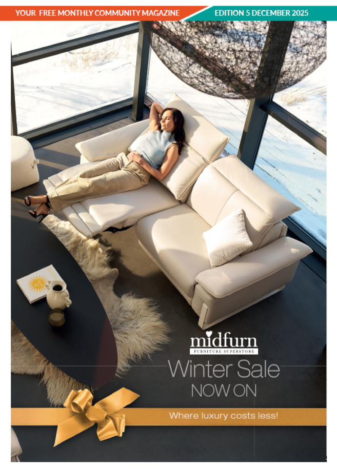 Cover for the December 2025 edition of Redditch Matters Magazine, featuring the Midfurn Winter Sale.