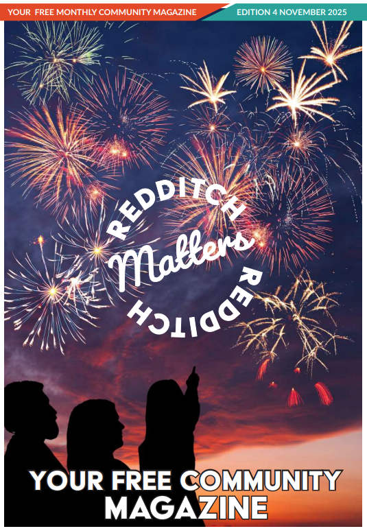 Cover for issue 4 of Redditch Matters Magazine, featuring a family watching a firework display.