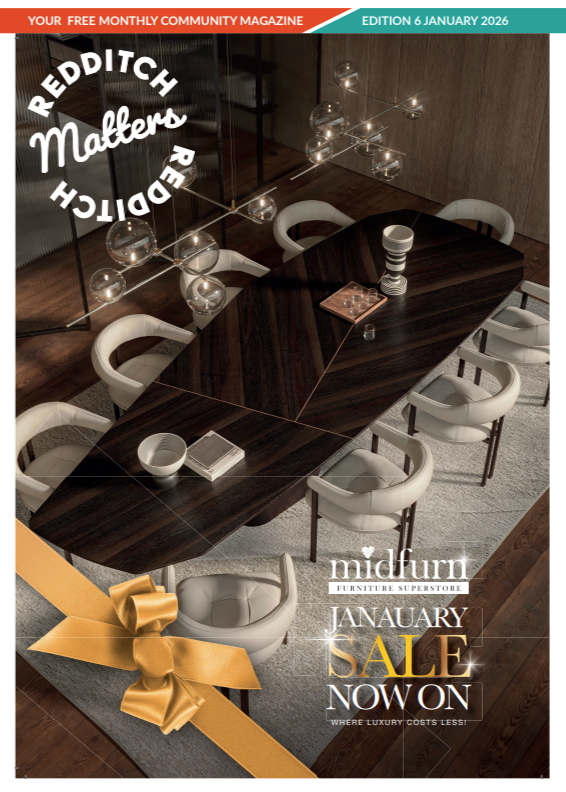 Front cover of Redditch Matters Magazine January 2026 edition, featuring the Midfurn January Sale.