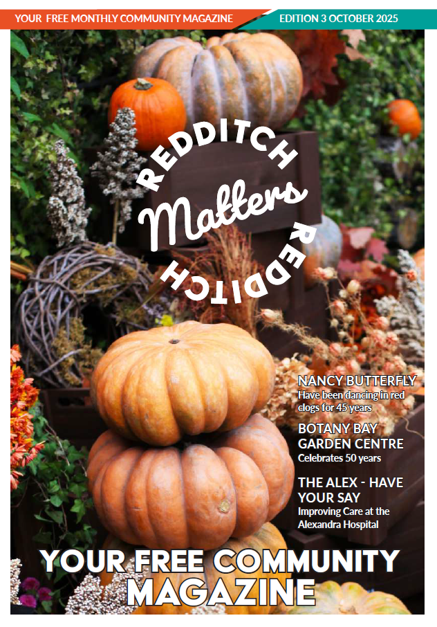 Cover for issue 3 of Redditch Matters Magazine - an autumnal scene with freshly picked pumpkins.