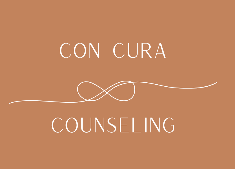 Logo for Con Cura Counseling; white text and infinity symbol on a brown background.