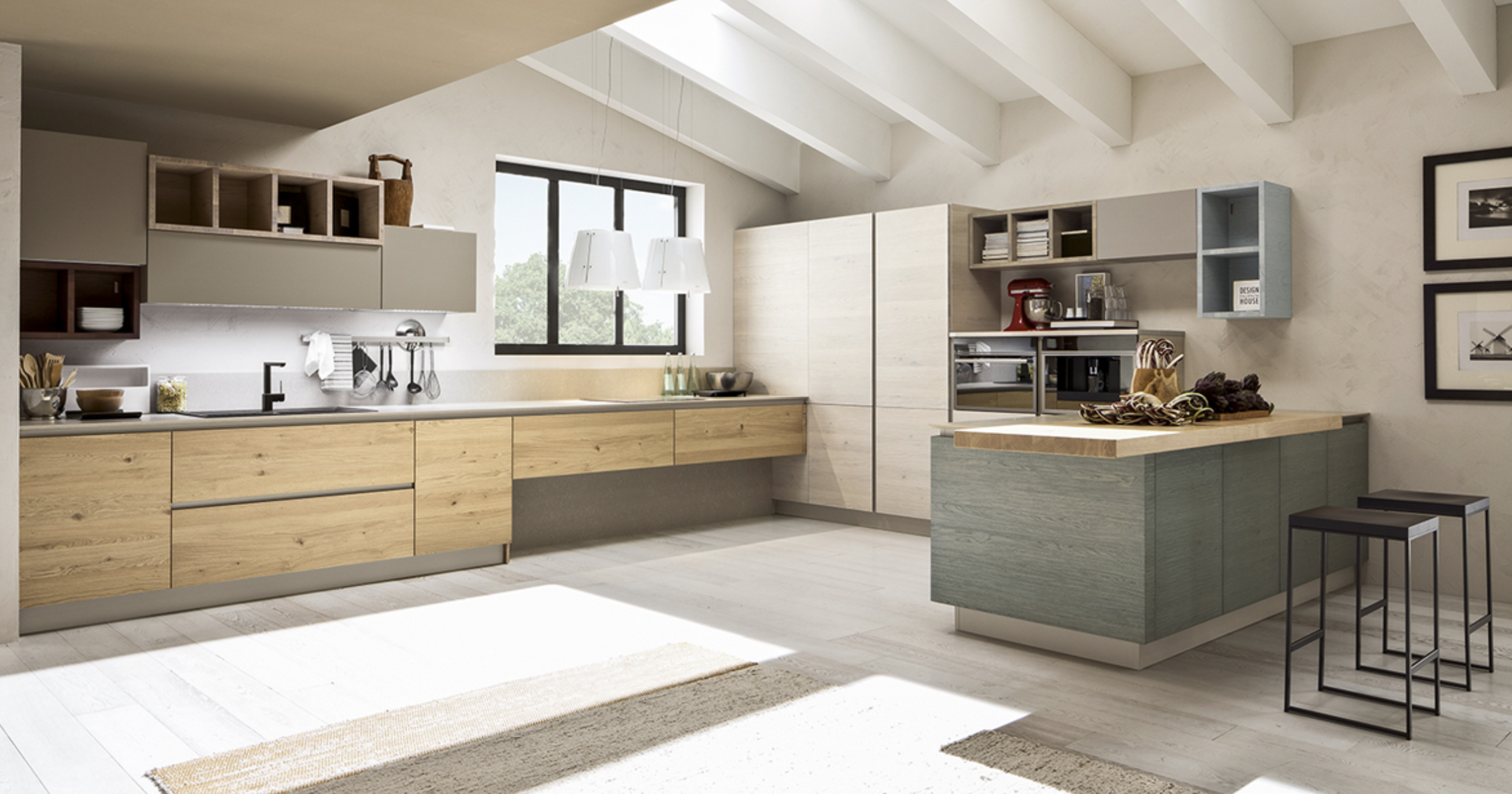 Una cucina con mobili in legno e una grande isola al centro.