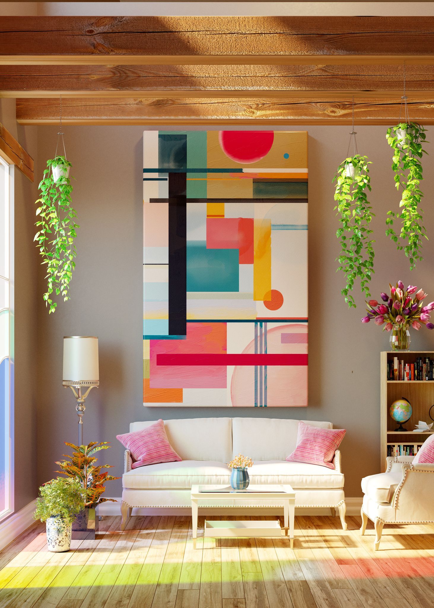 Un soggiorno con un divano, una sedia, un tavolino e un grande dipinto sulla parete.