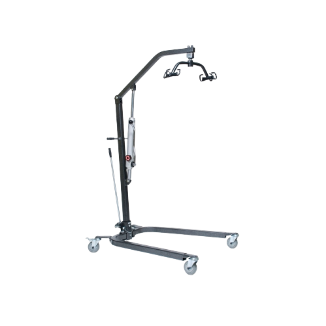 Gray patient lift on wheels, with a sling attachment.