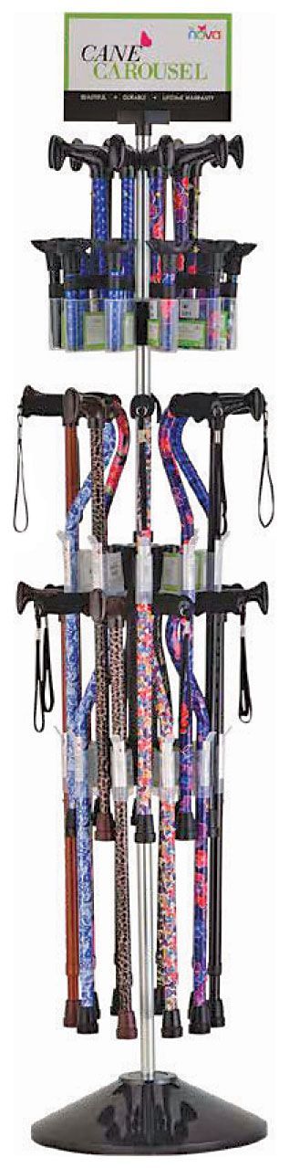 Retail display stand featuring dog leashes and collars in various patterns.