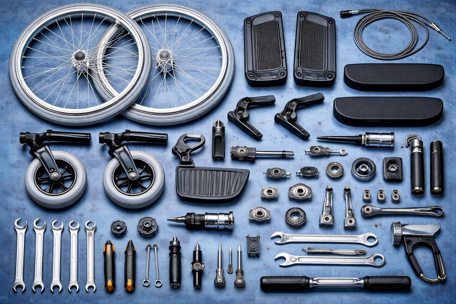 Wheelchair parts and tools laid out on a blue surface.