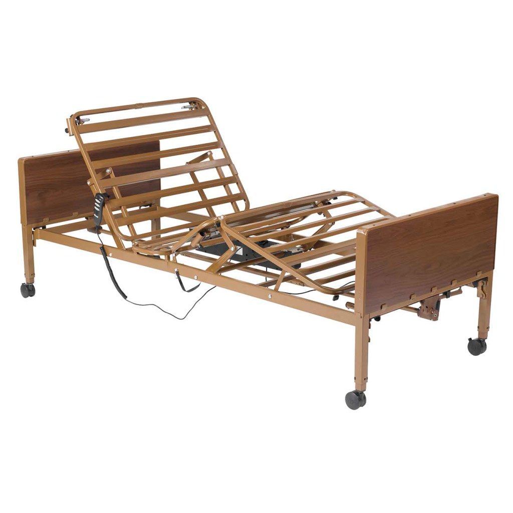 Adjustable brown home hospital bed with metal frame, wood-grain head and footboards, and half-length safety rails.