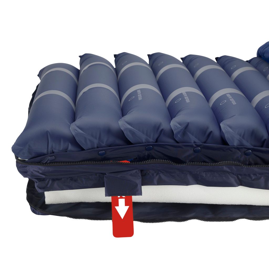 A dark blue alternating pressure mattress system with a connected control unit and air hose.