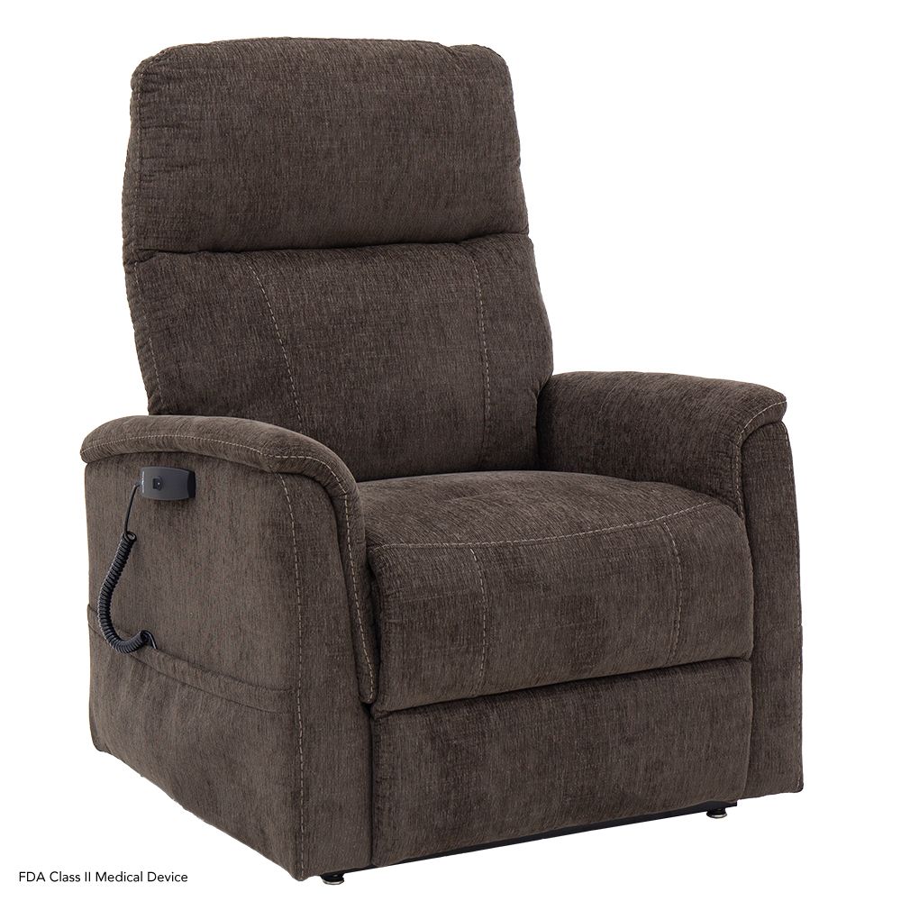 A brown upholstered power lift recliner chair with a handheld remote control tethered to the side.