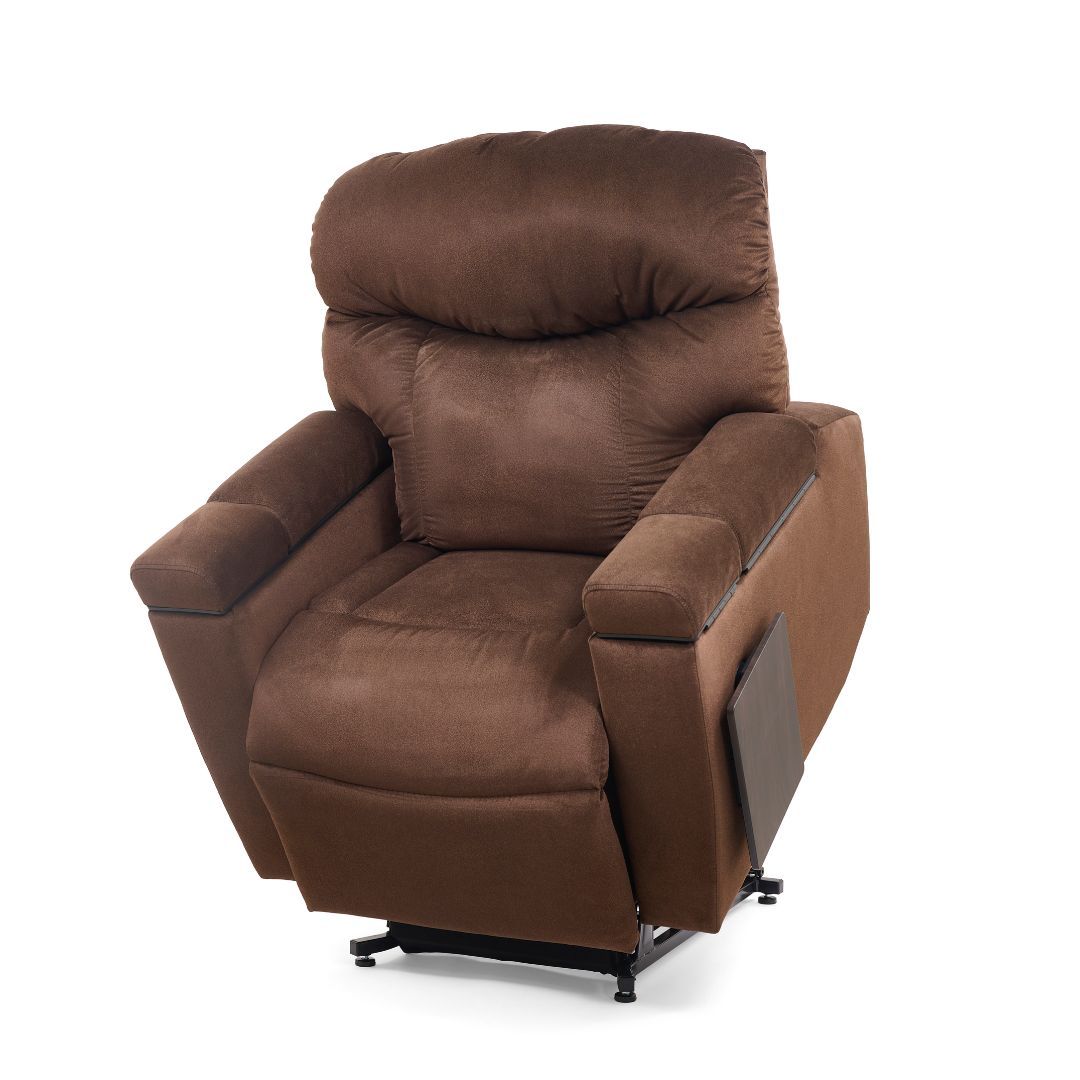 A plush, chocolate-brown recliner chair centered against a white background.
