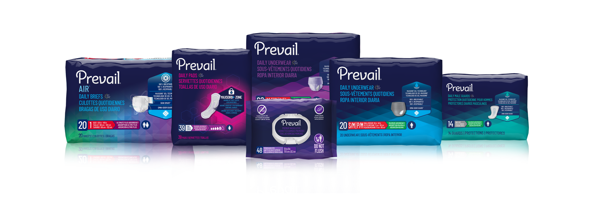 A row of five different Prevail incontinence product packages in varying colors against a white background.