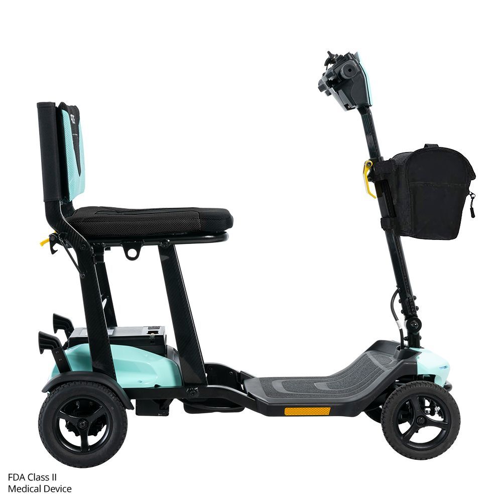A light blue and black Pride mobility scooter with a storage bag attached to the steering column.