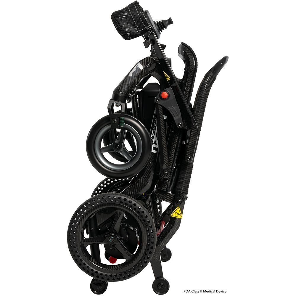 A black Jazzy Passport power wheelchair with a mesh backrest, seat cushion, and joystick controller.