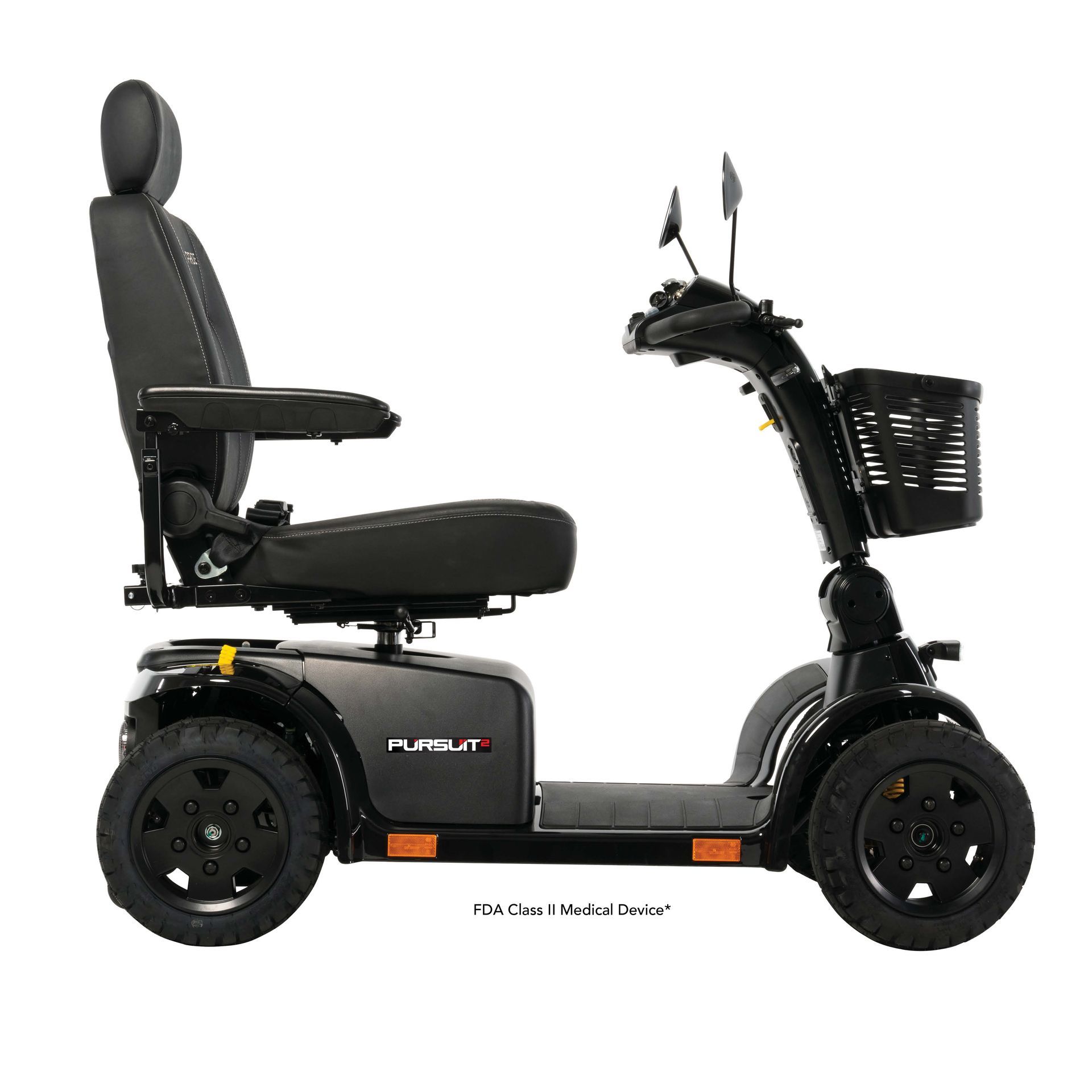 A black Pride Mobility four-wheel electric scooter with a seat, handlebars, and a front storage basket on a white background.