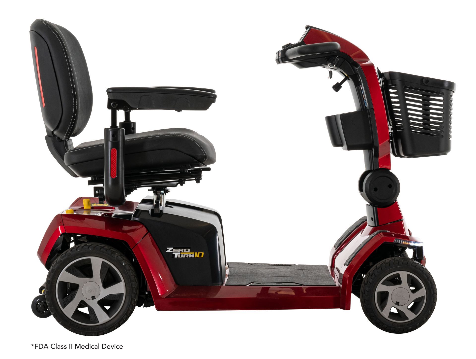 A red four-wheeled mobility scooter with a black seat, adjustable armrests, and a front-mounted storage basket.