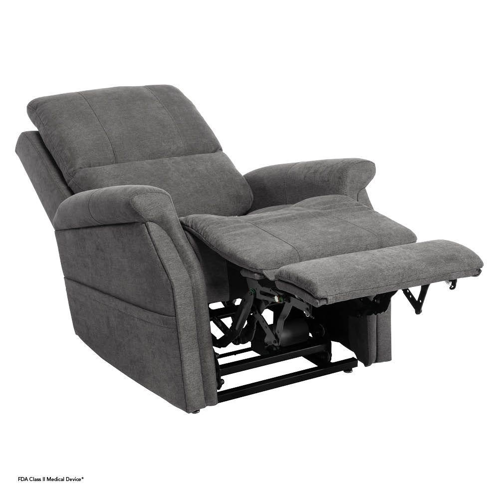A charcoal gray upholstered power recliner chair isolated on a white background.