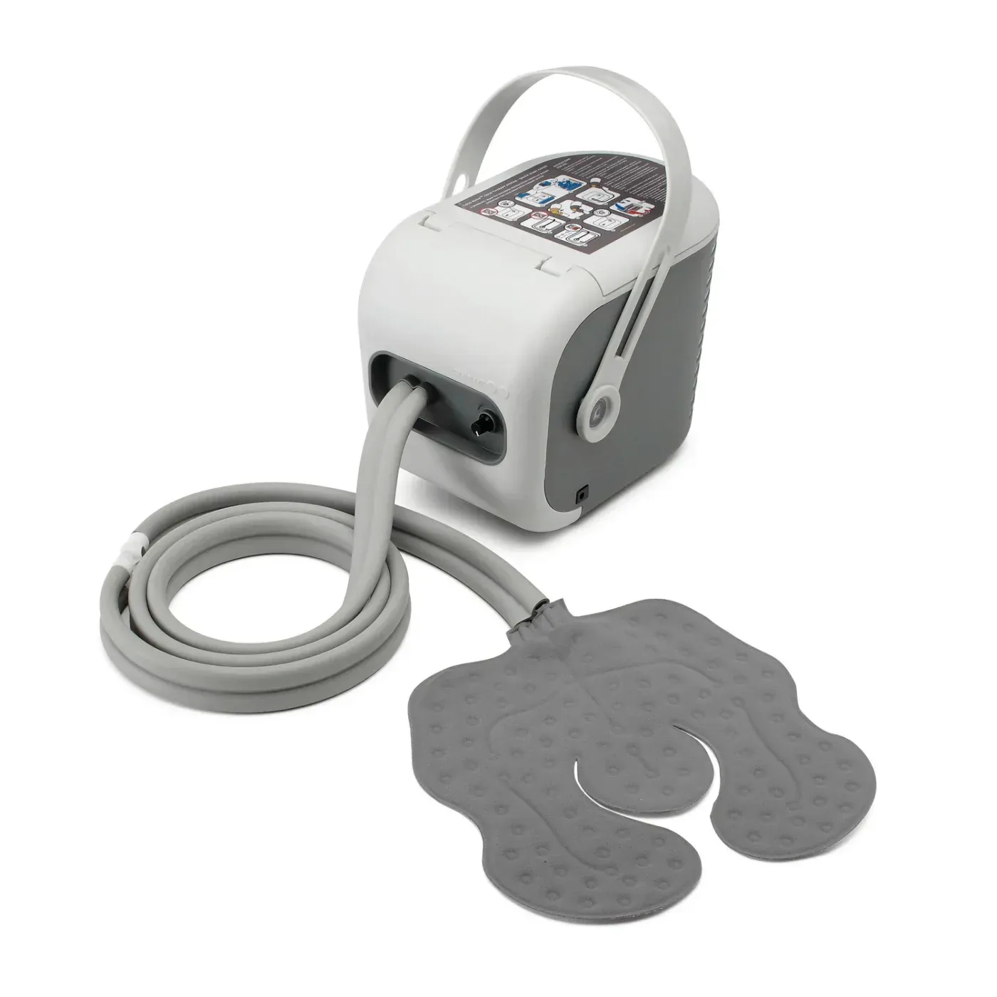 A grey and white cold therapy machine with a coiled tube attached to a specialized cooling pad for joint relief.
