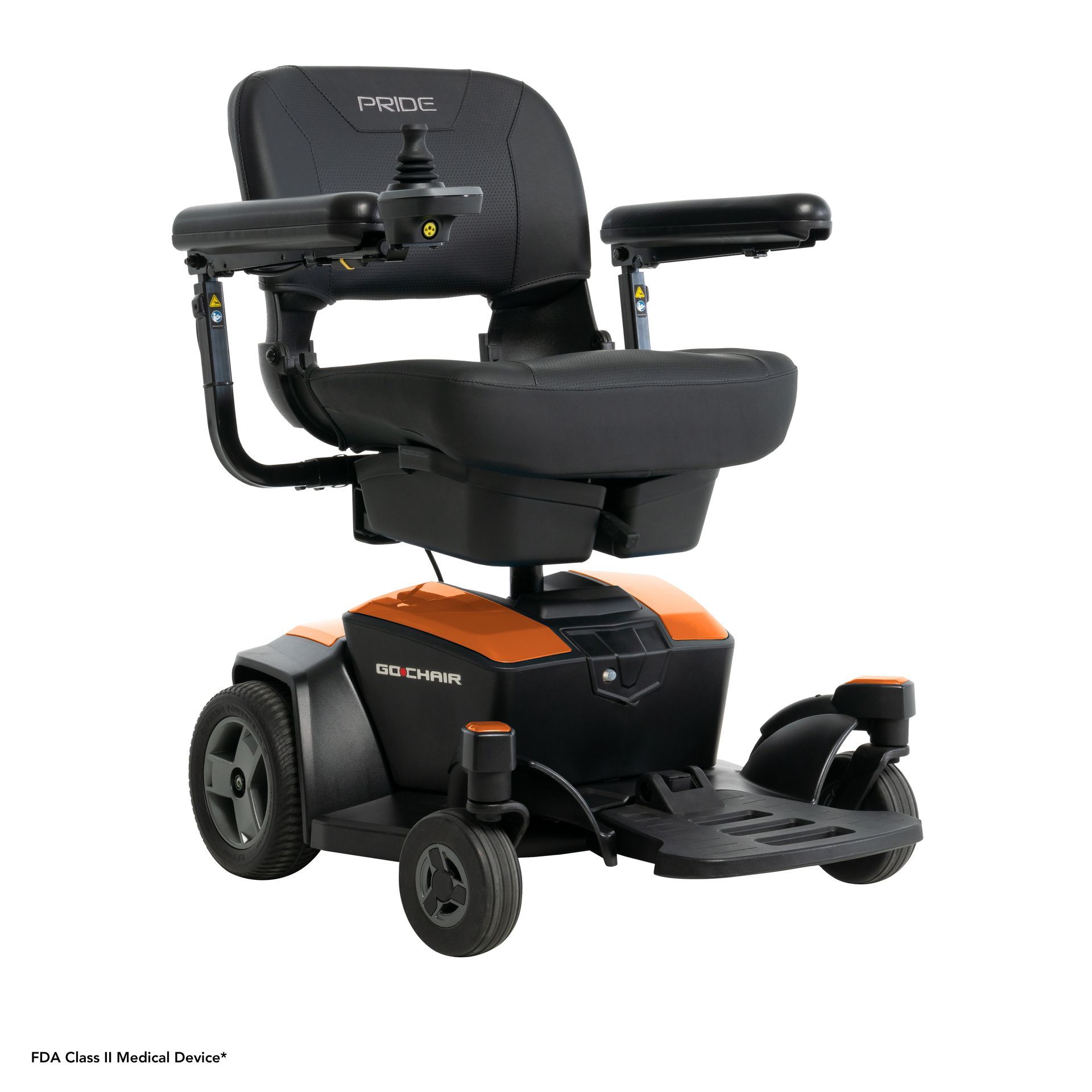 Black and orange Pride Mobility Go Chair power wheelchair with joystick controller.