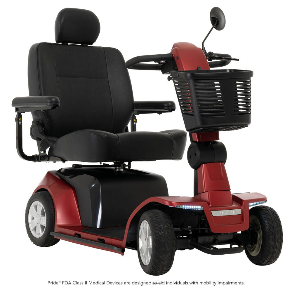Red mobility scooter with black seat, basket, and armrests.