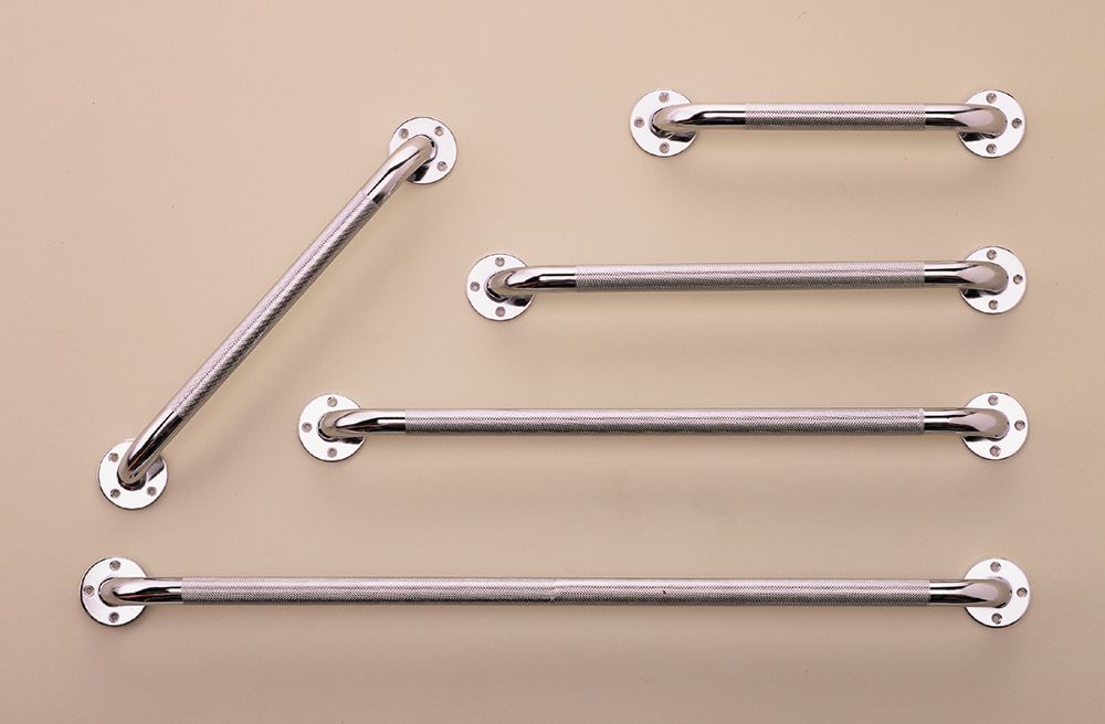 Five chrome grab bars of various lengths arranged against a plain, light-colored background.