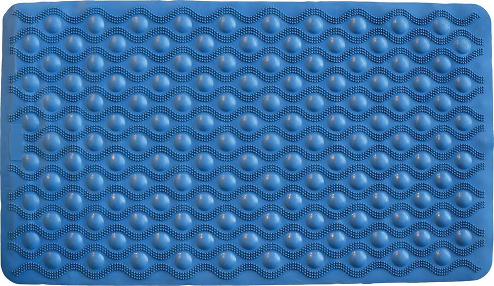 A blue, rectangular bath mat with a repetitive pattern of raised, rounded bubbles and textured wavy lines.