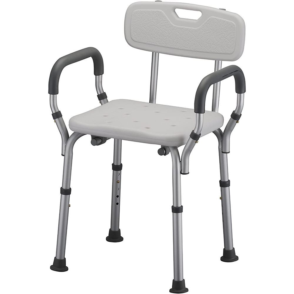 A grey shower chair with backrest, padded armrests, and adjustable legs on a white background.