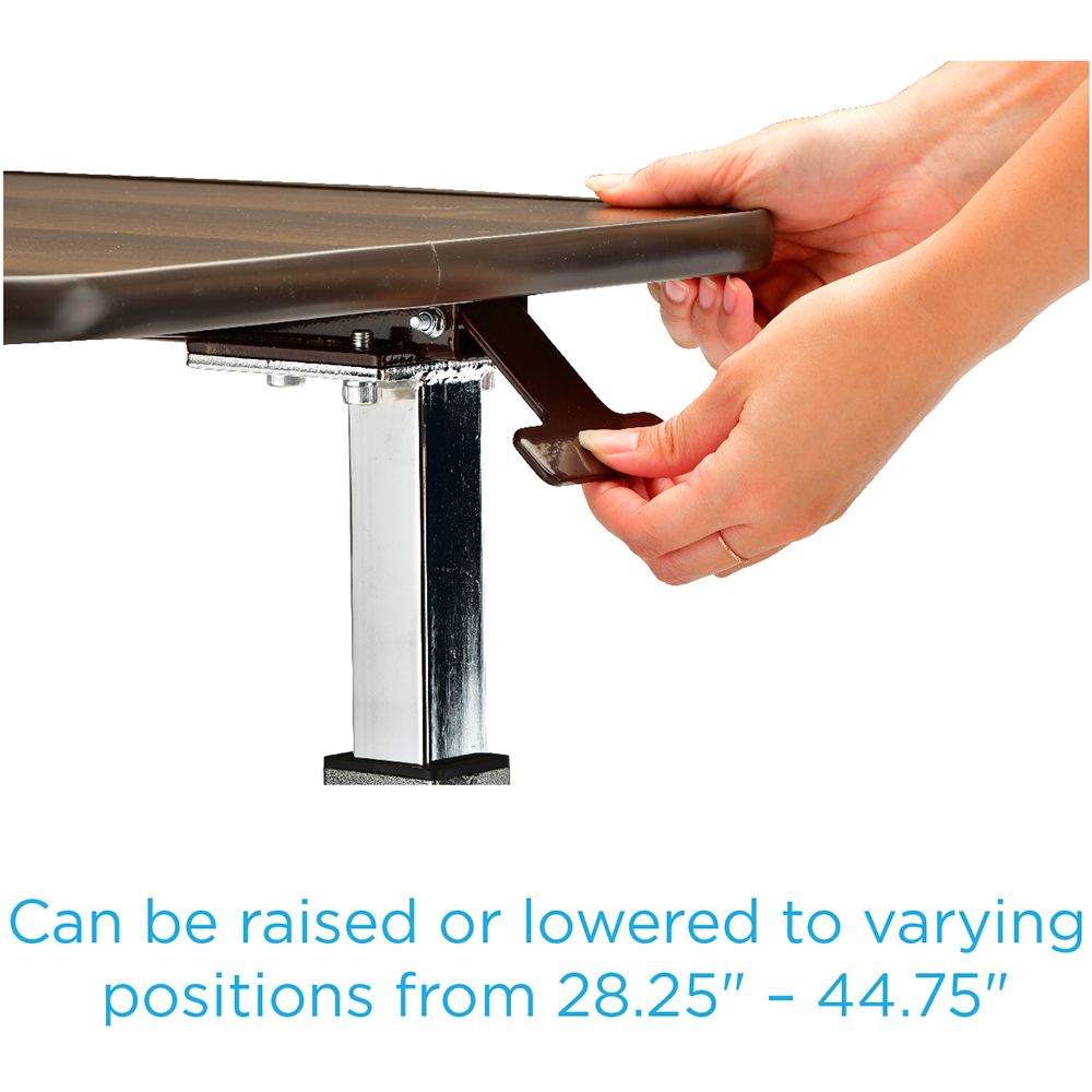 Adjustable overbed table with a wood-grain top and a silver metal frame on four caster wheels.