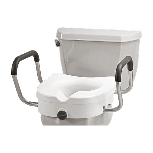 White raised toilet seat with adjustable metal armrests, attached to a standard toilet bowl.