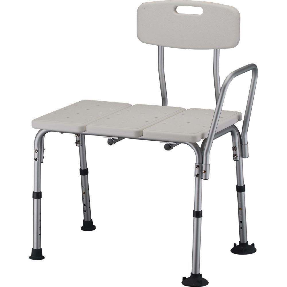 Adjustable grey shower transfer bench with a backrest and single side handle, set against a white background.